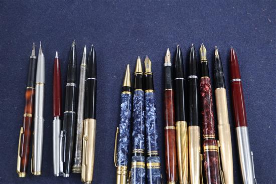 A collection of assorted Parker and other fountain and ballpoint pens and pencils